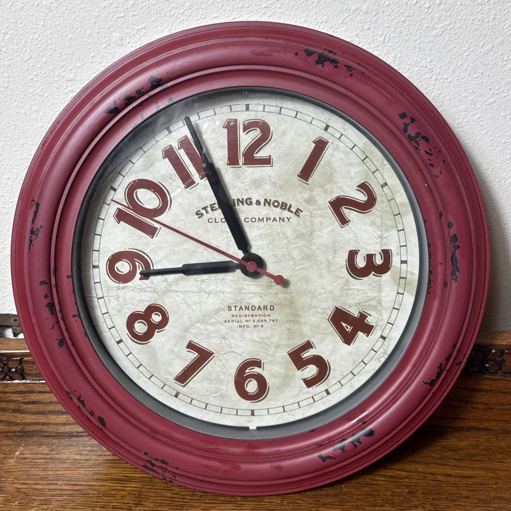 Sterling & Noble Distressed Red Wall Clock Farmhouse Industrial Style 12" Quartz
